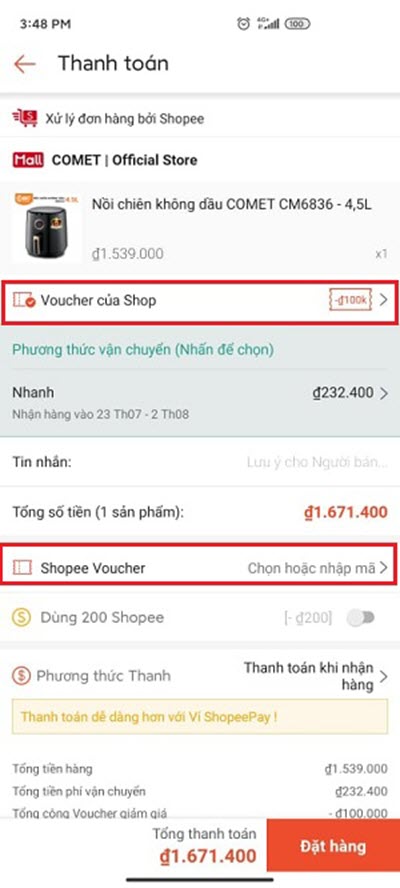 Cần lưu ý Voucher của Shop và Shopee Voucher để áp dụng mã trước khi đặt hàng - Cách áp dụng 4 mã giảm giá Shopee trong cùng một đơn hàng