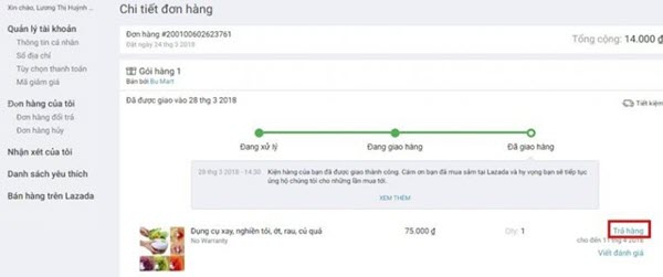 Yêu cầu đổi trả hàng trên Lazada