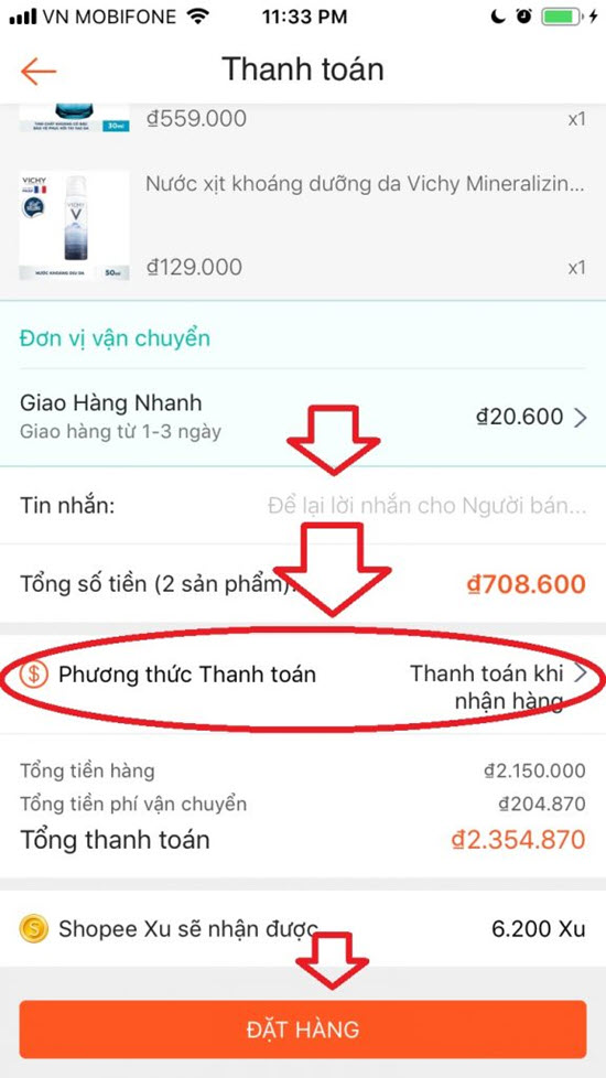 Sau khi kiểm tra tất cả thông tin, chọn phương thức thanh toán và đặt hàng