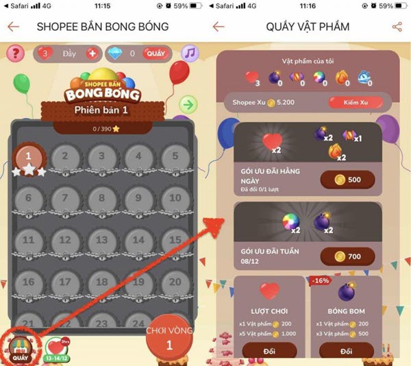 Dùng shopee xu để quy đổi thêm lượt chơi game bắn bong bóng