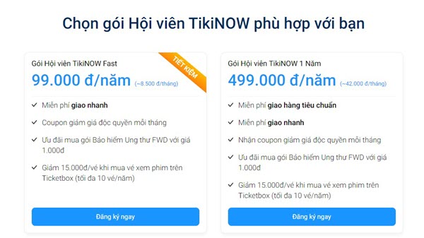 Giá gói đăng ký làm thành viên TikiNow