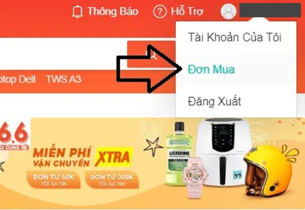 Nhấp đơn mua góc phải màn hình