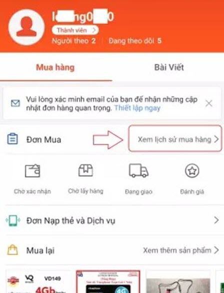 Xem lịch sử đơn hàng trên Shopee