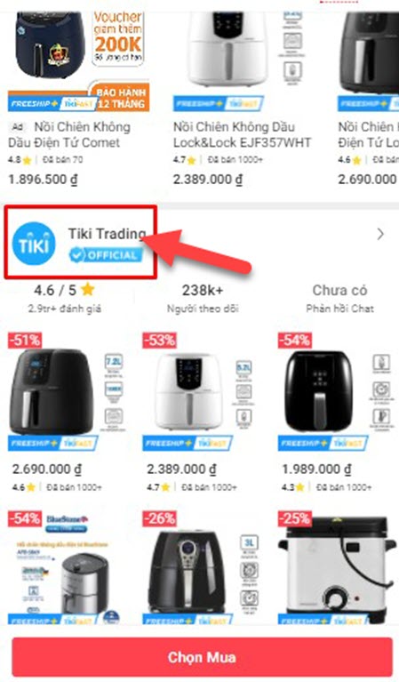 Dấu hiệu nhận biết gian hàng Tiki Trading trên mobile và app Tiki