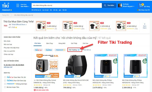 Cách tìm kiếm và nhận biết Tiki Trading trên trang tìm kiếm sản phẩm