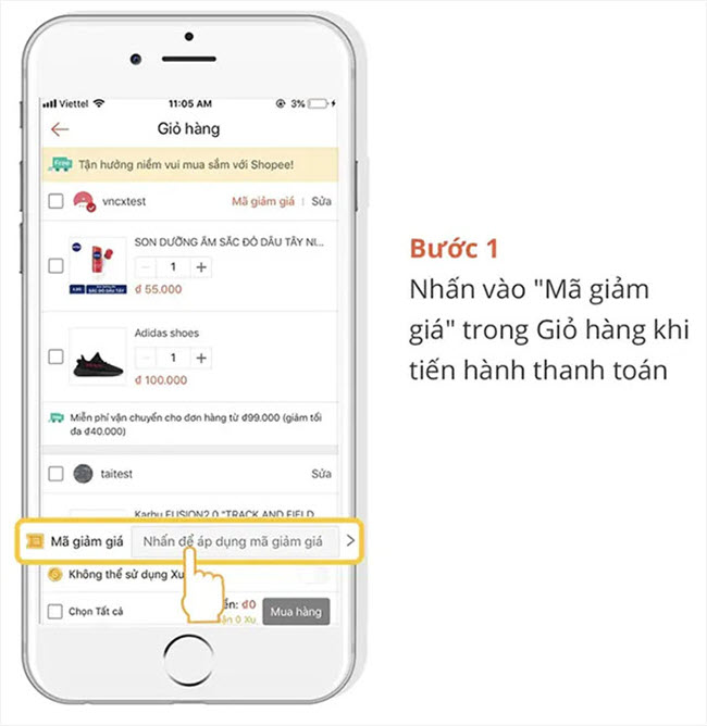 Chọn Mã giảm giá để tiến hành nhập mã khi đặt hàng
