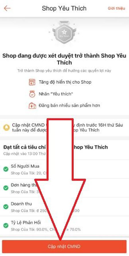 Giao diện đăng ký xét duyệt Shop yêu thích hiển thị trên điện thoại Shopee App