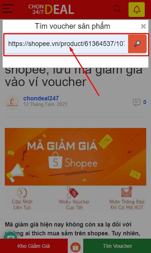 Dán đường link sản phẩm cần mua để tìm voucher liên quan trên Shopee