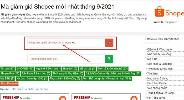Để sử dụng tool tìm voucher theo link sản phẩm trên máy tính bàn, bạn truy cập vào chuyên mục Mã giảm giá Shopee trên website
